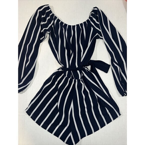 Forever 21 Navy and White Striped Off The Shoulder Long Sleeve Romper Size Small - Picture 5 of 6